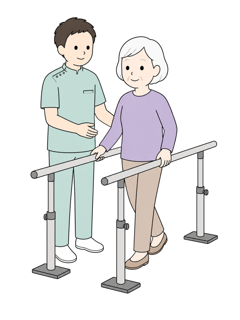 Senior woman walking between parallel bars with physical therapist