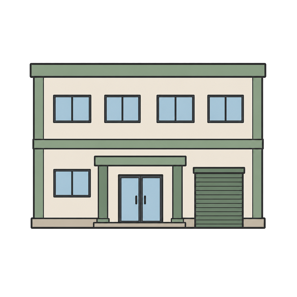 Illustration of a small company office or business premises viewed from the front