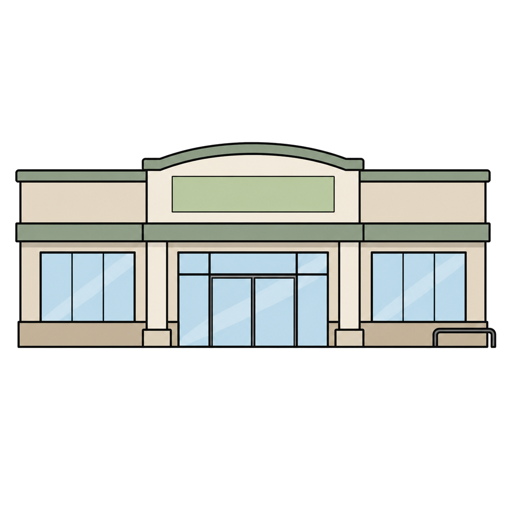 Illustration of a wide supermarket building viewed from the front
