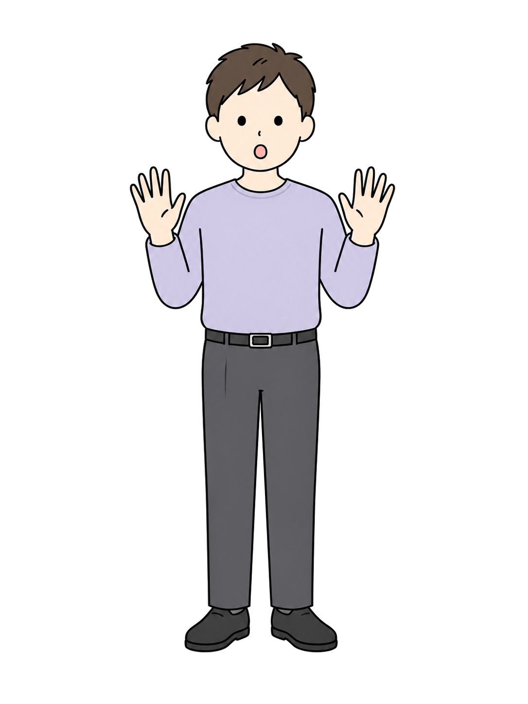 Full-body illustration of a surprised adult man raising both hands.