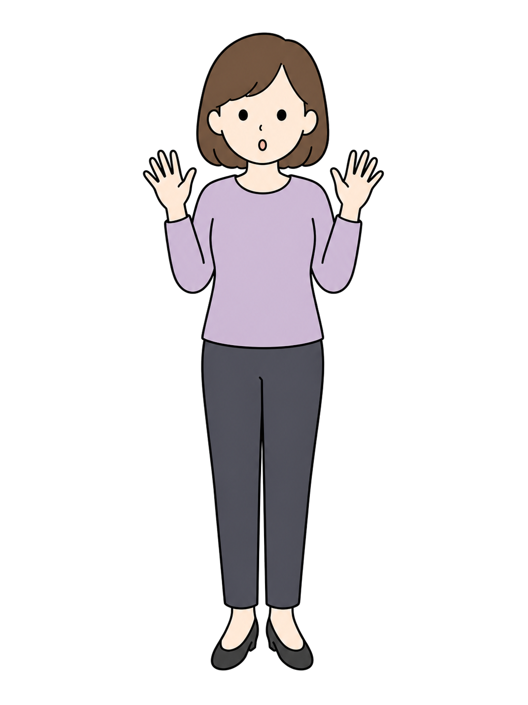 Full-body illustration of a surprised adult woman raising both hands.