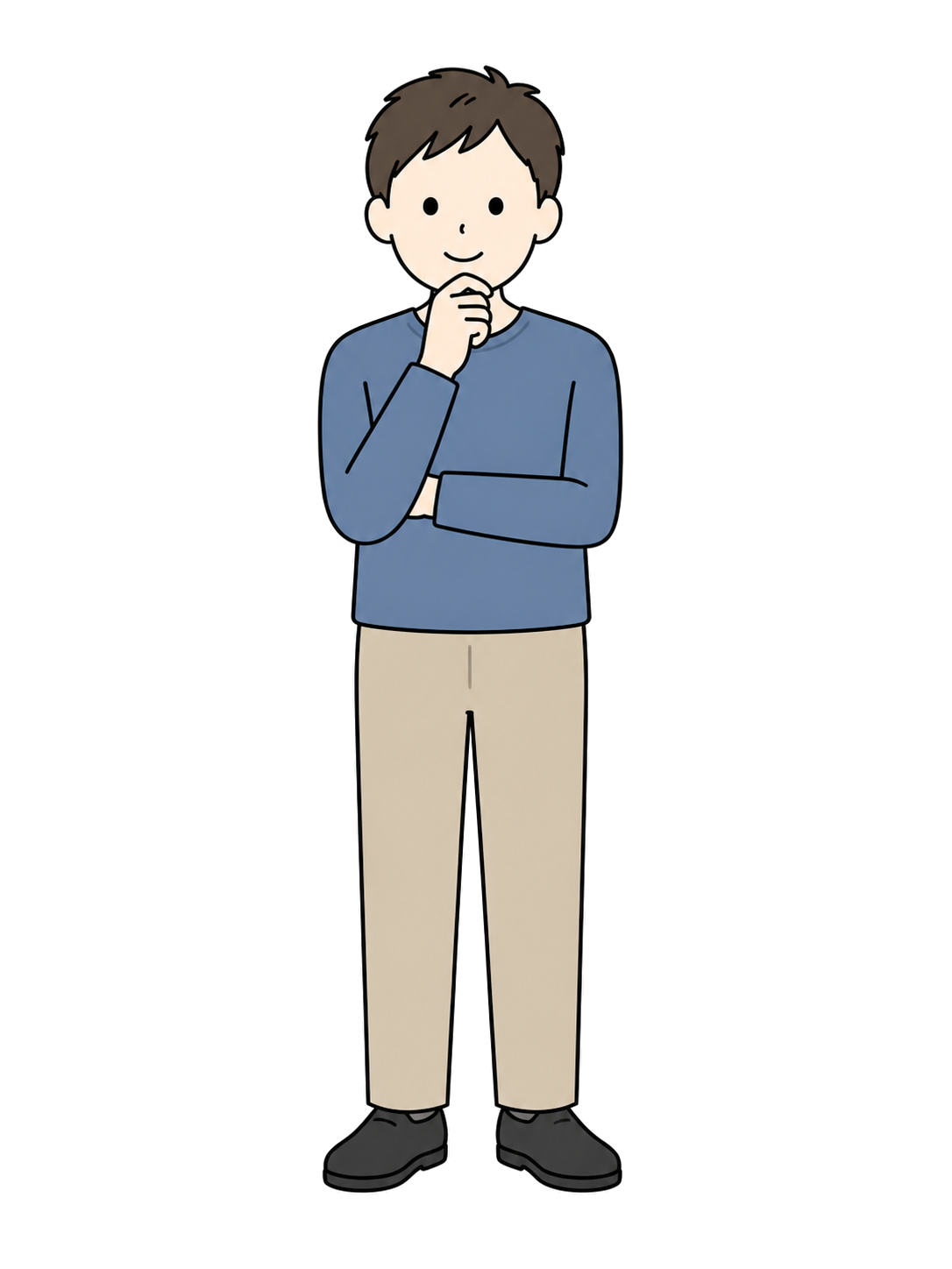 Full-body illustration of an adult man thinking with his arms crossed and one hand at his chin.