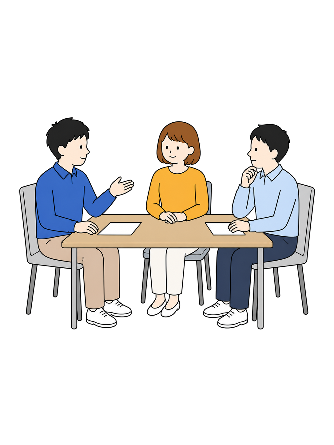 Illustration of three adults having a meeting around a table in three-quarter view