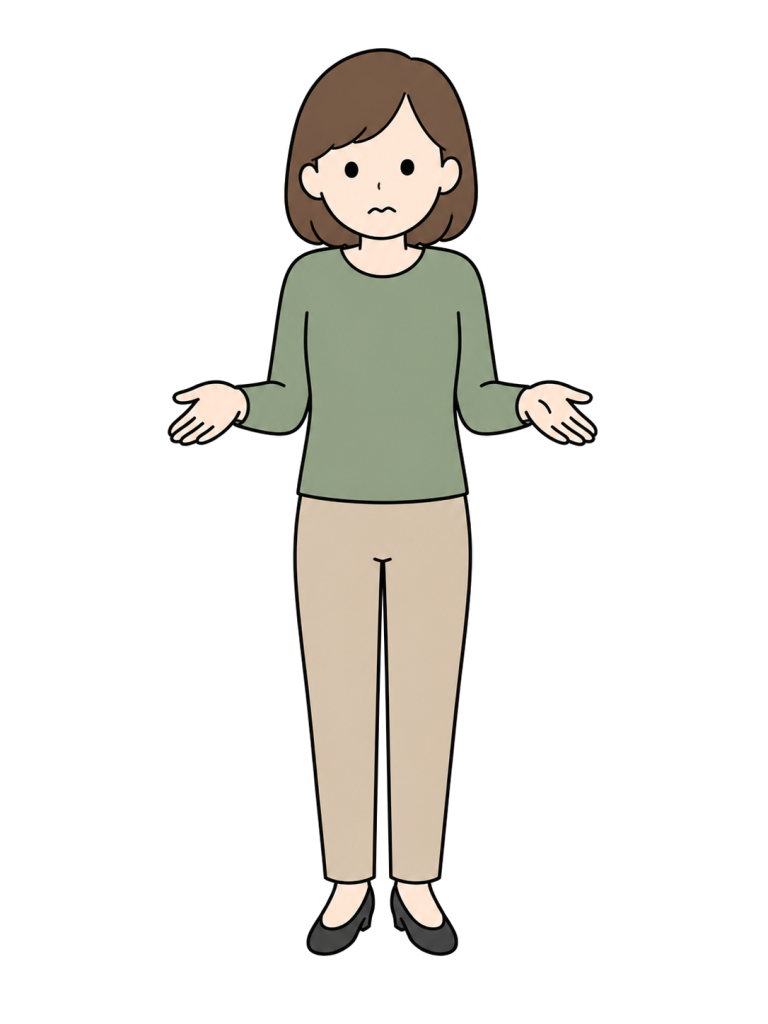 Full-body illustration of a troubled adult woman facing forward with both hands slightly open