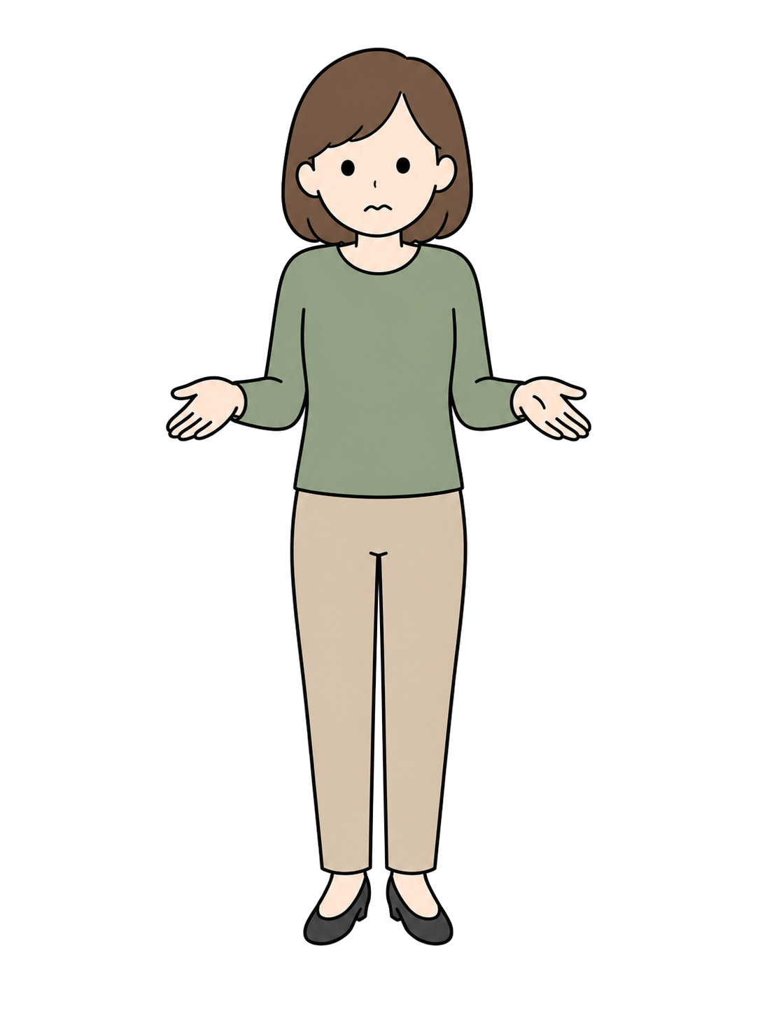 Full-body illustration of a troubled adult woman facing forward with both hands slightly open