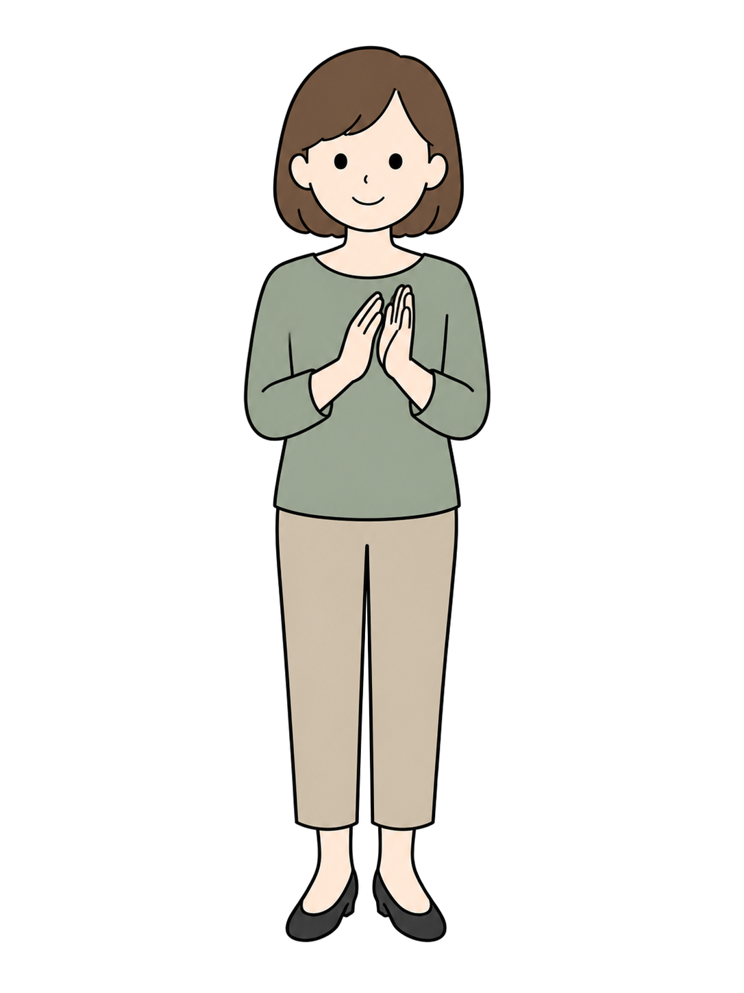 Full-body illustration of an adult woman clapping her hands in front of her chest.