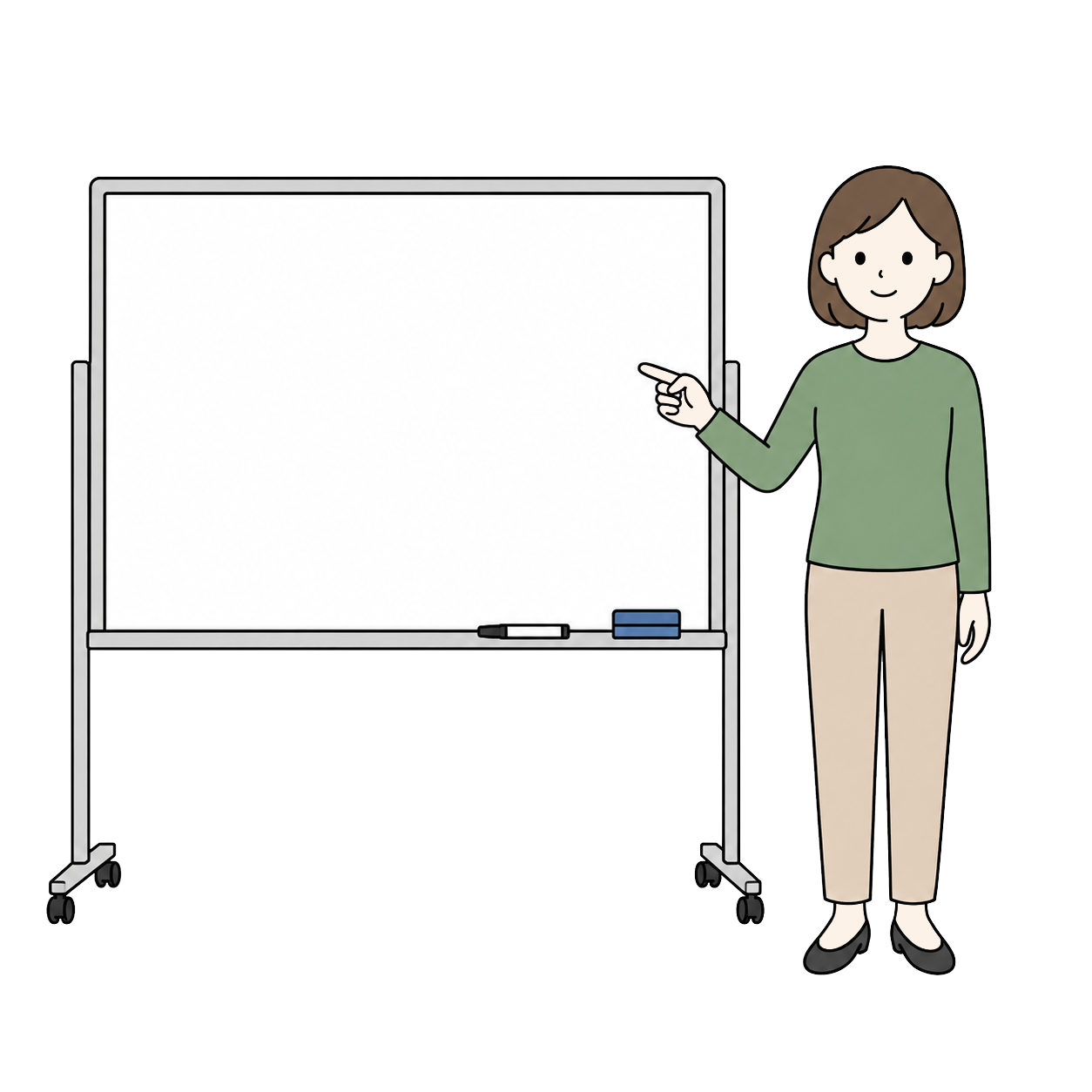Illustration of an adult woman in three-quarter view pointing at a whiteboard while explaining