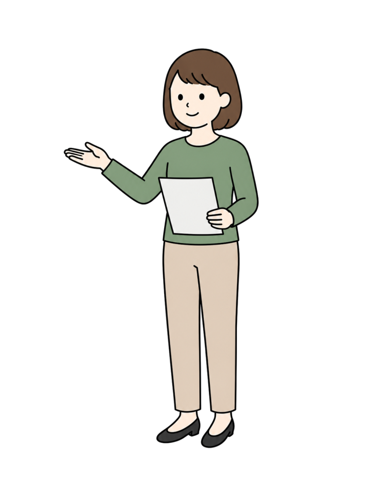 資料を持ってプレゼンする正面寄り3/4向きの成人女性のイラスト