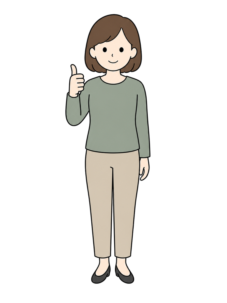 片手の親指を立てて笑顔を見せる成人女性の全身イラスト。