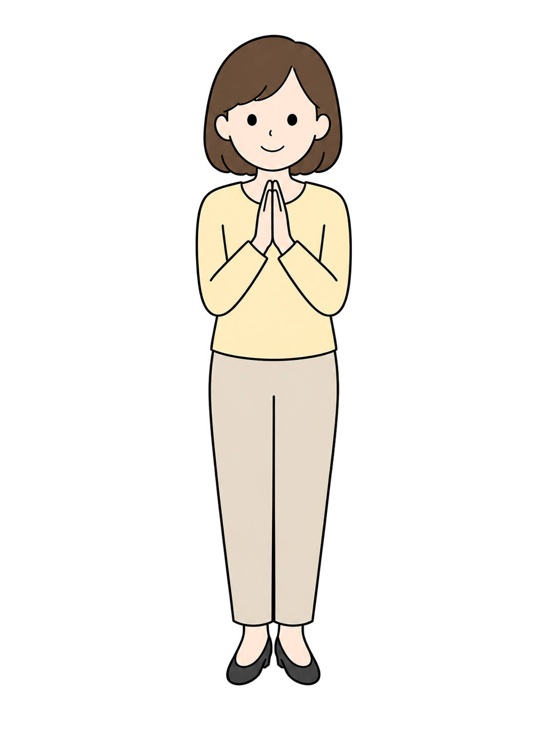 Full-body illustration of an adult woman facing forward with her palms together to make a request