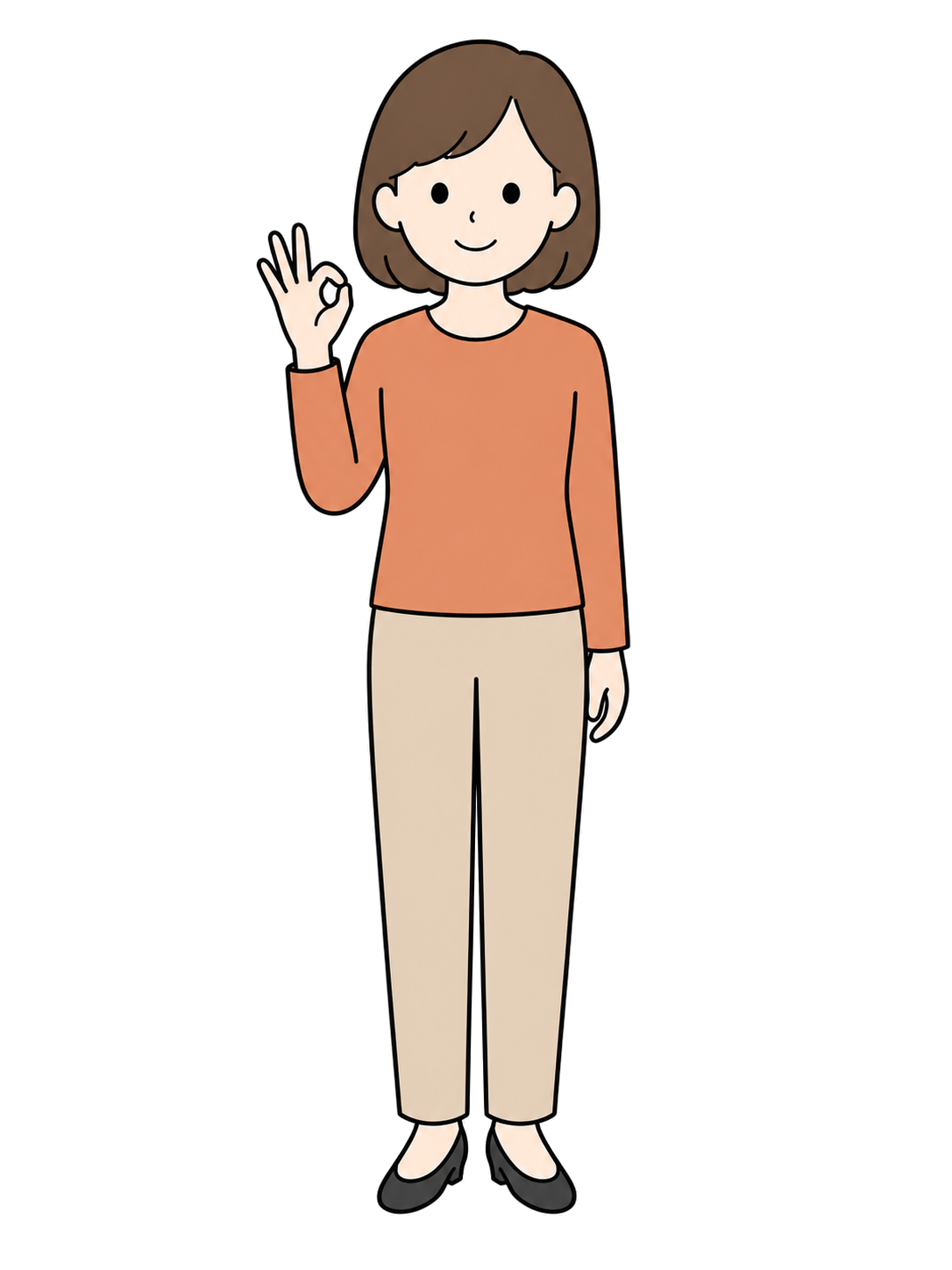 Full-body illustration of an adult woman facing forward and making an OK sign with one hand
