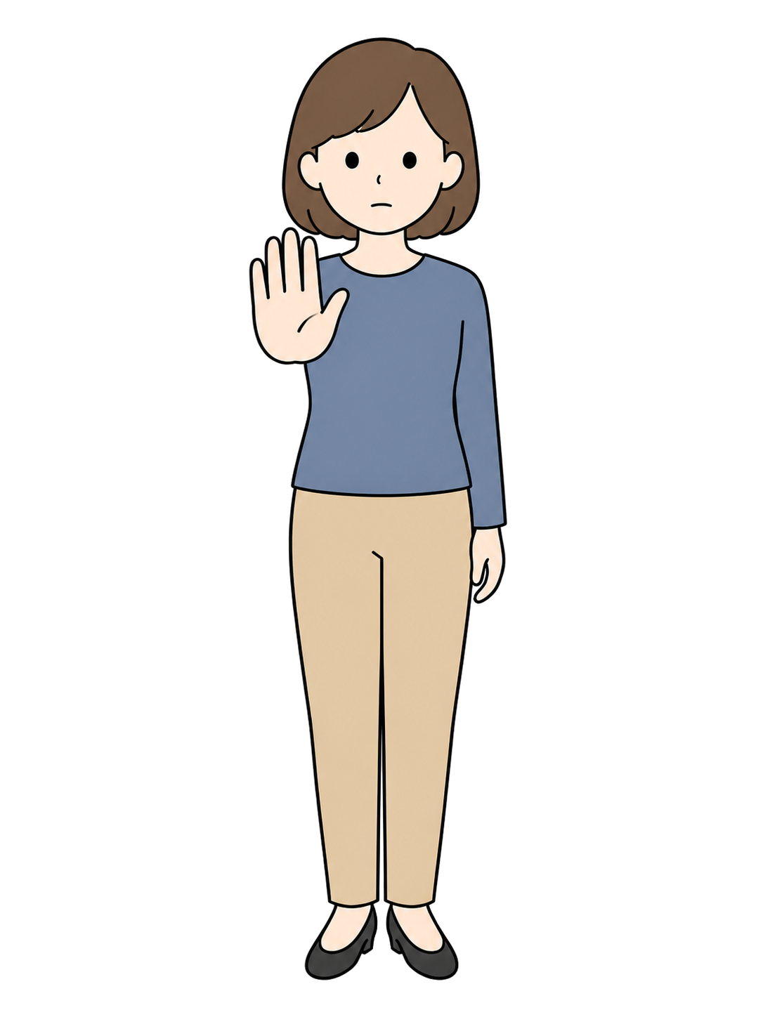 Full-body illustration of an adult woman holding up an open palm to signal stop.
