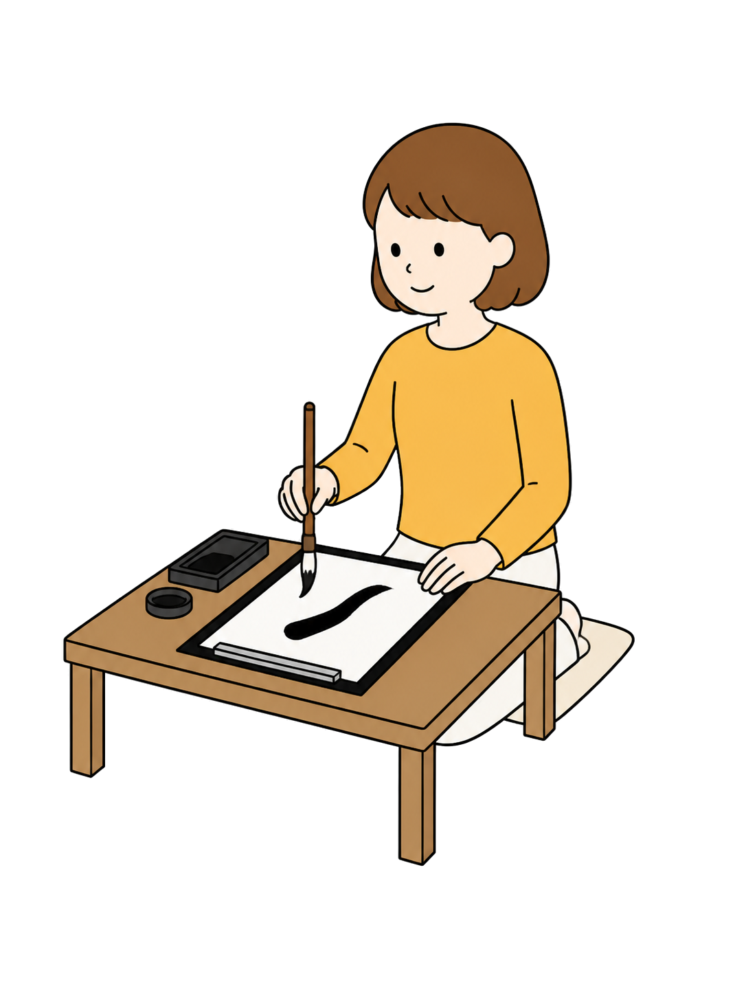 YURUNDO illustration: Woman Practicing Japanese Calligraphy