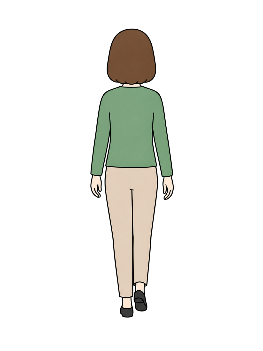 Full-body rear-view illustration of an adult woman walking away.