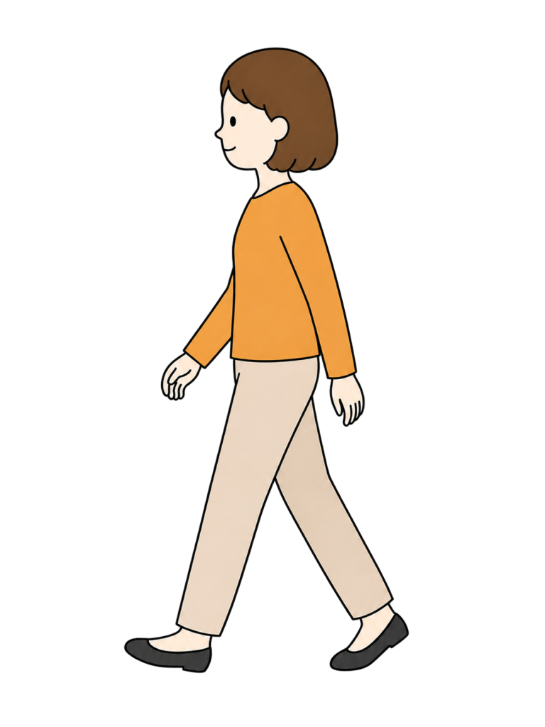 Full-body illustration of a casually dressed woman walking left