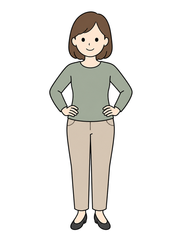 Full-body illustration of an adult woman standing with both hands on her hips.