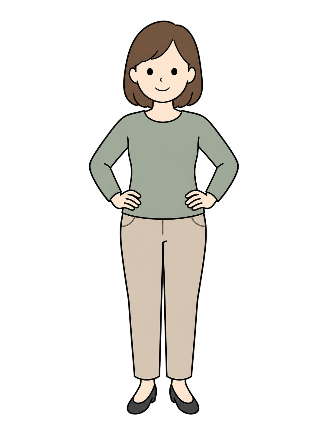 Full-body illustration of an adult woman standing with both hands on her hips.