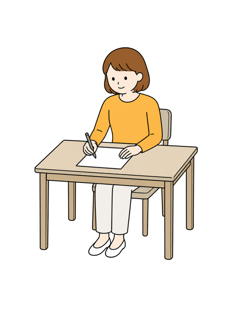 Woman writing document at desk