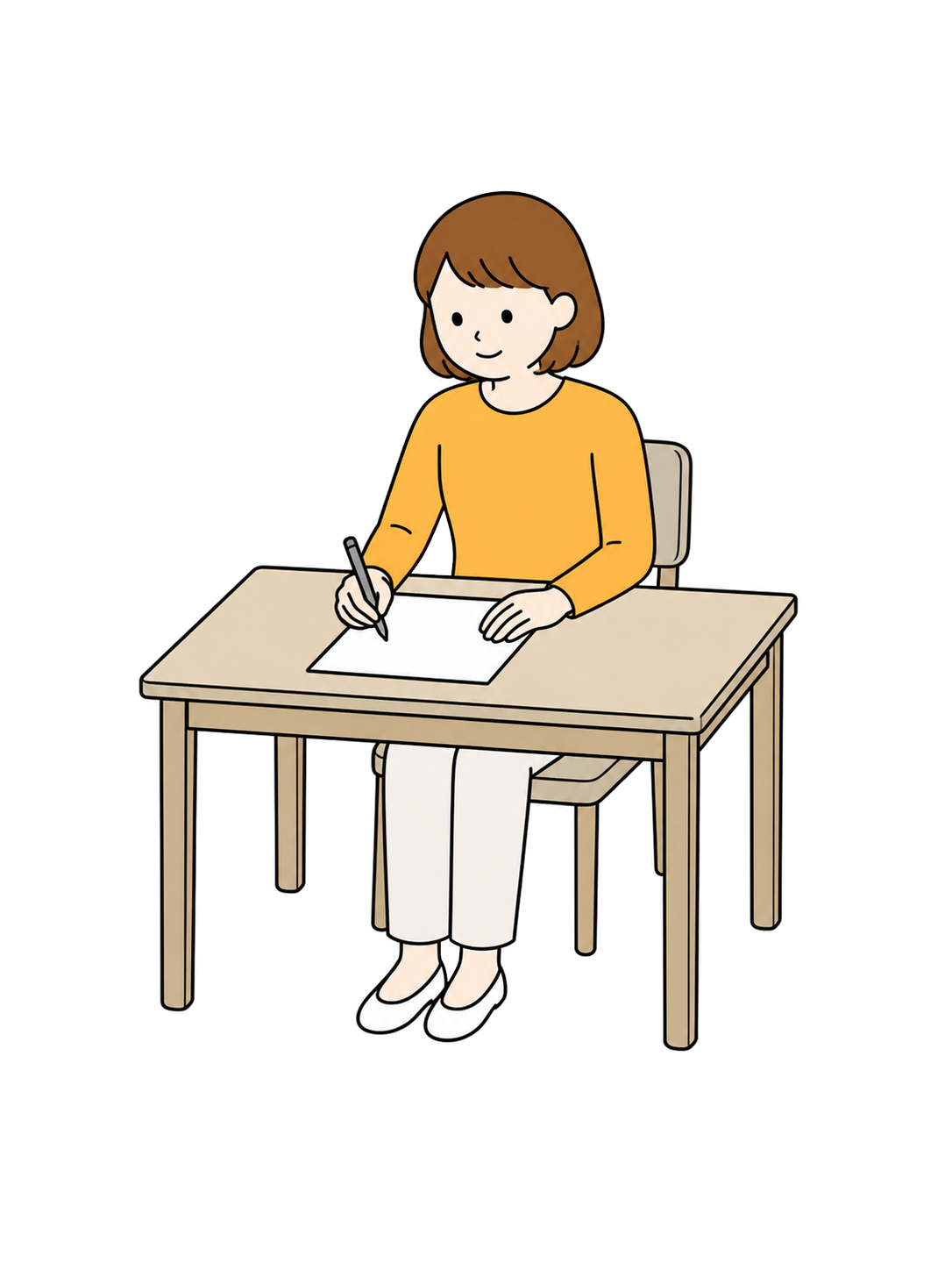 Illustration of an adult woman in three-quarter view writing a document at a desk