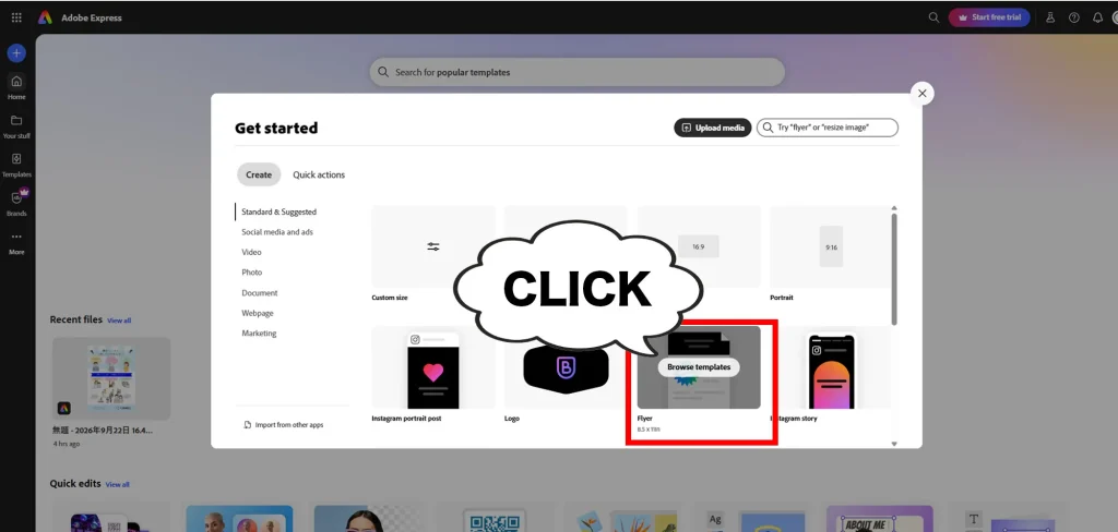 Choosing a flyer format in Adobe Express