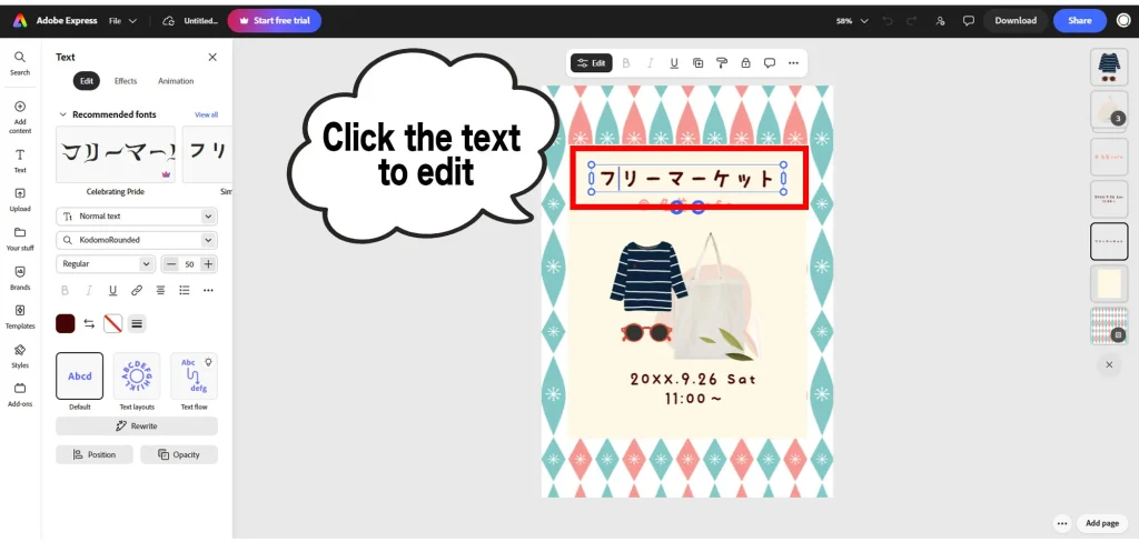 Editing text in an Adobe Express flyer template