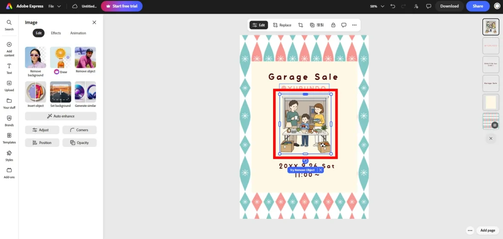 Arranging and cropping YURUNDO illustrations in Adobe Express