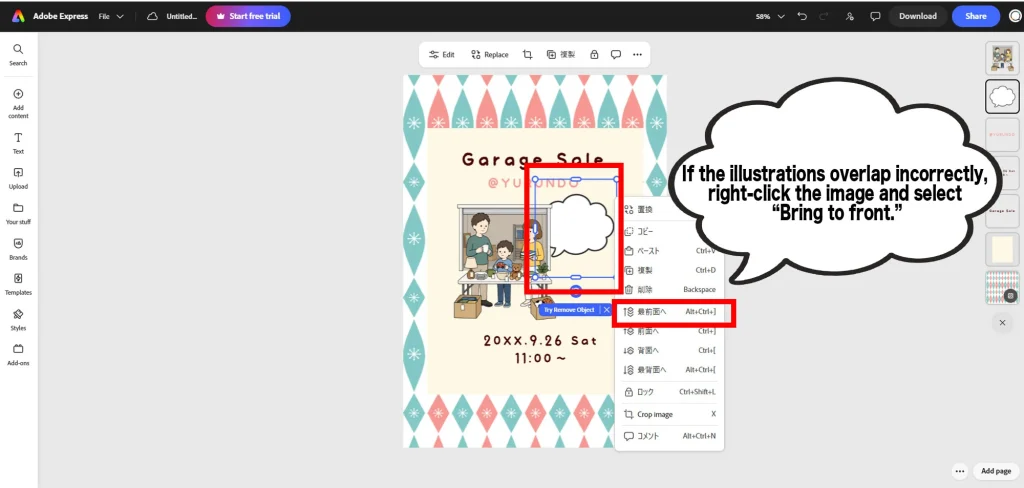 Adjusting the layer order of illustrations in Adobe Express
