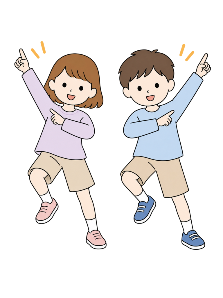 現代的な服装の女の子と男の子が同じダンス動作を練習している。