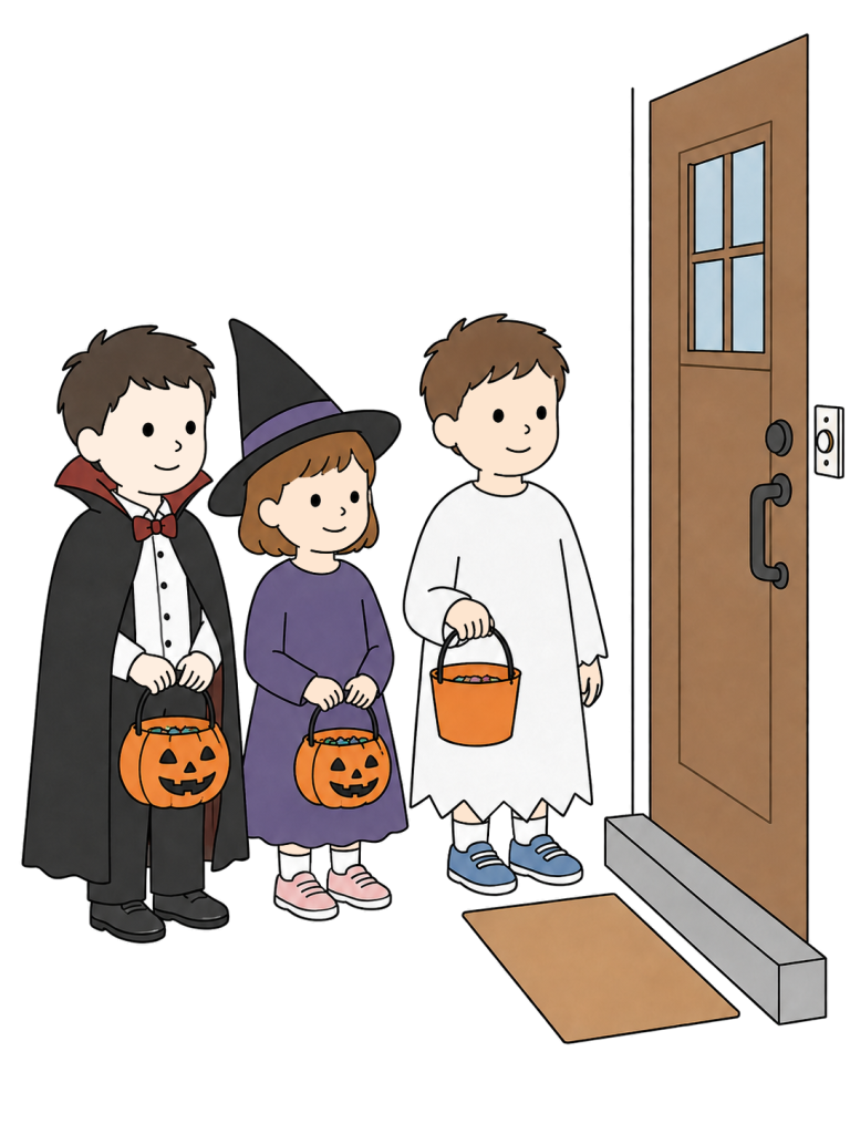 Children trick or treating at a door
