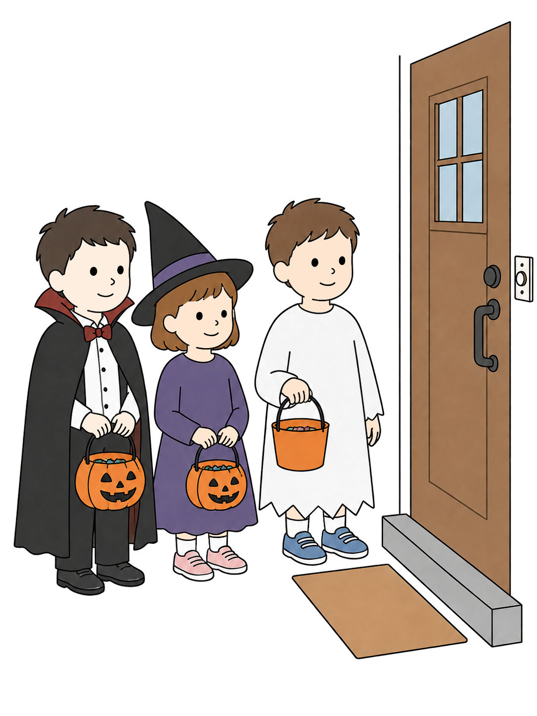 YURUNDO illustration: Children Trick-or-Treating at a Door