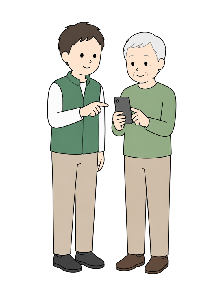 Clerk teaching a senior smartphone use