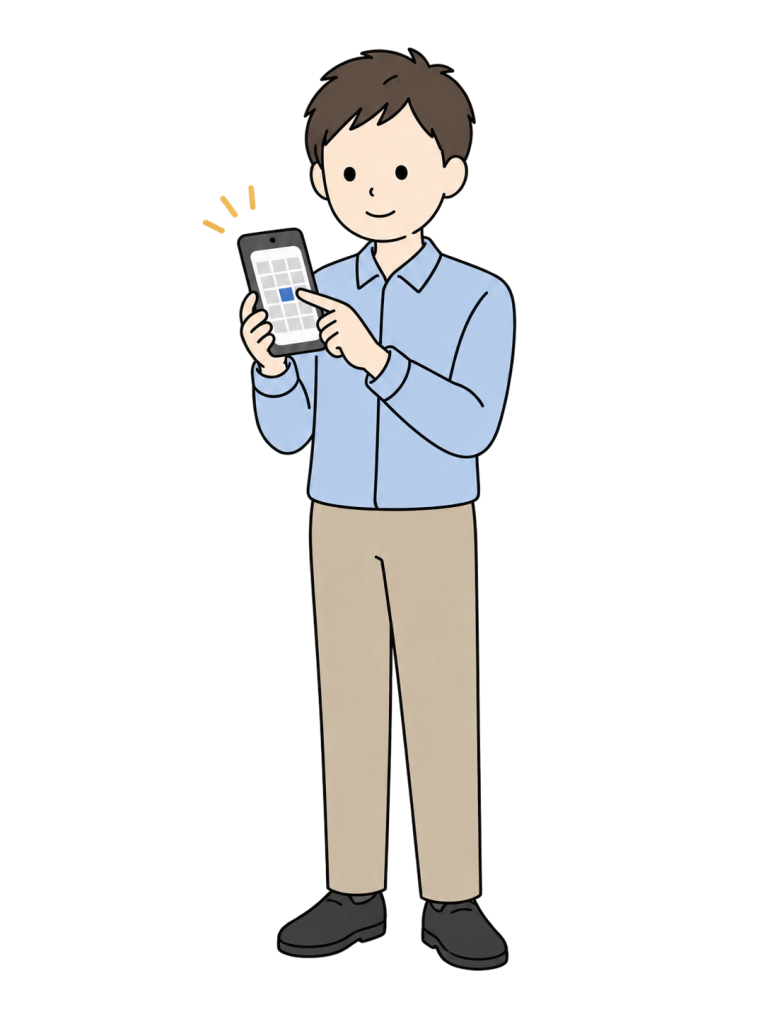 男性のお客様がスマートフォンを指で操作して予約している。