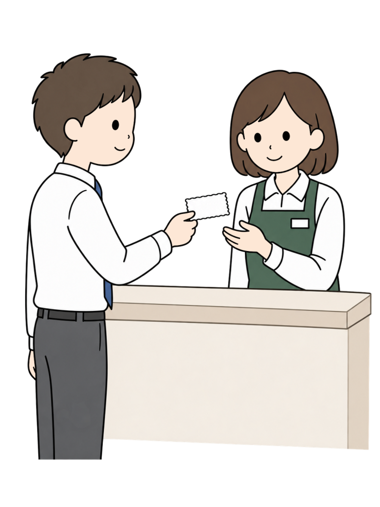 A customer shows a small paper coupon to staff at a counter.