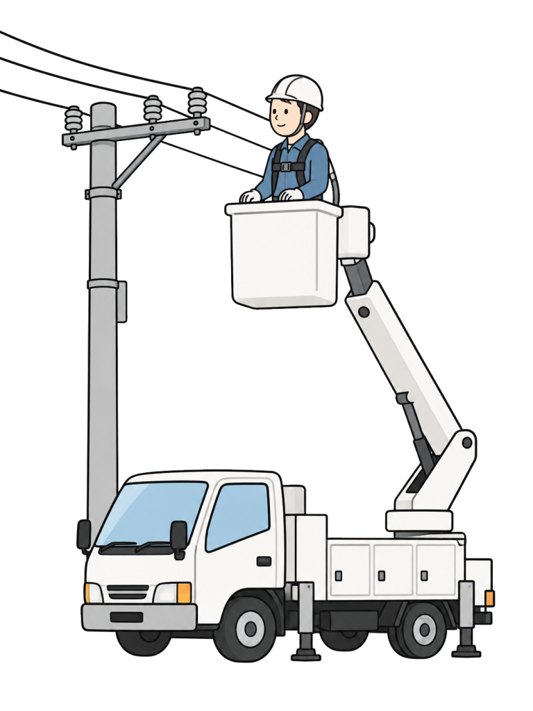 Electrical worker inspecting power lines from an aerial work platform