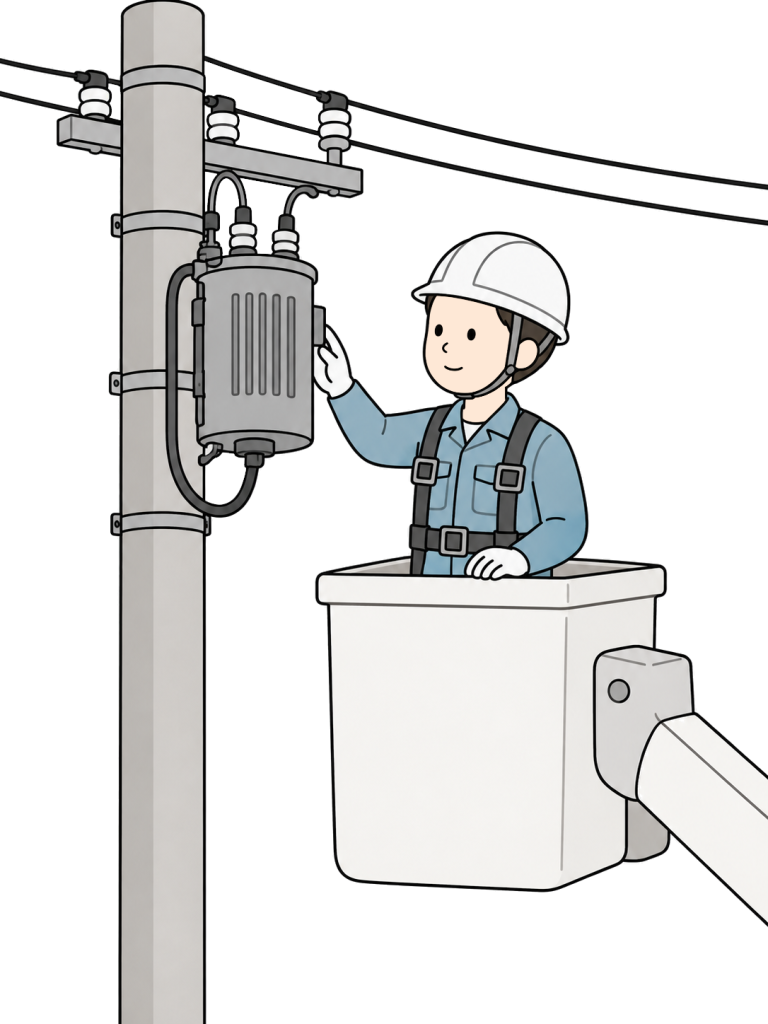 Electrical worker inspecting utility pole equipment