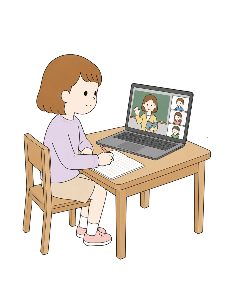 Elementary school student attending online class