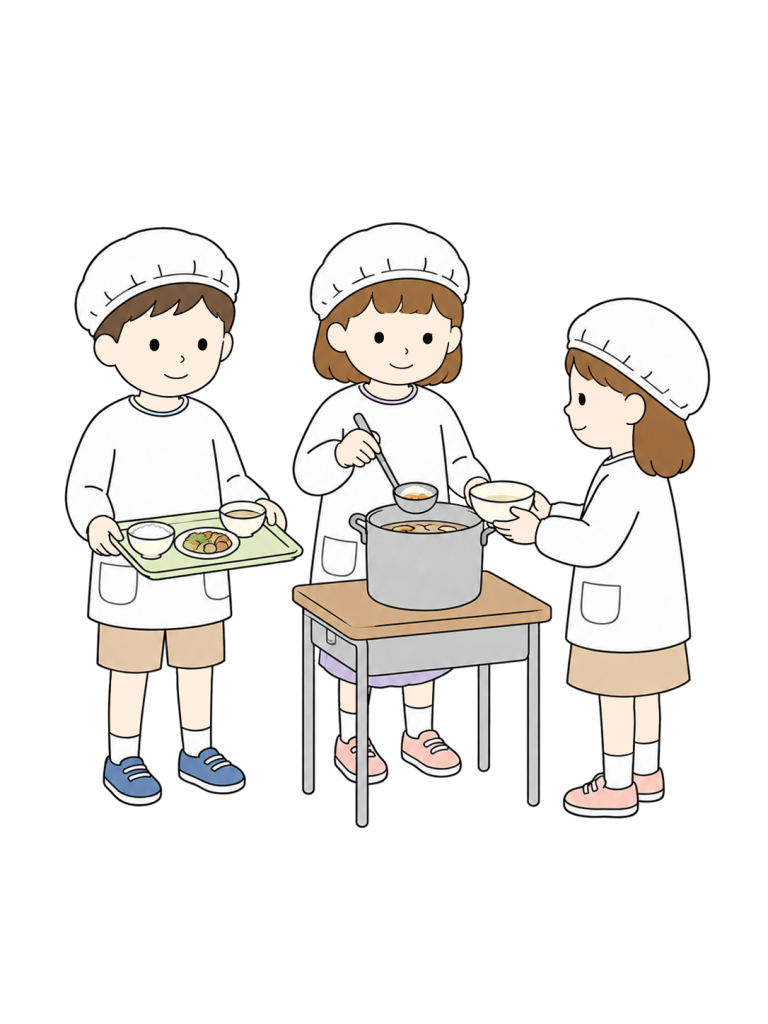 Elementary school students serving school lunch