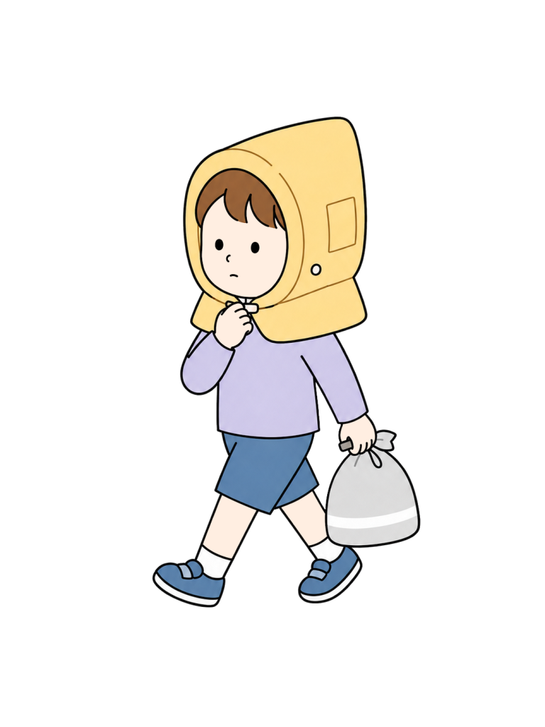 Elementary student evacuating with disaster hood