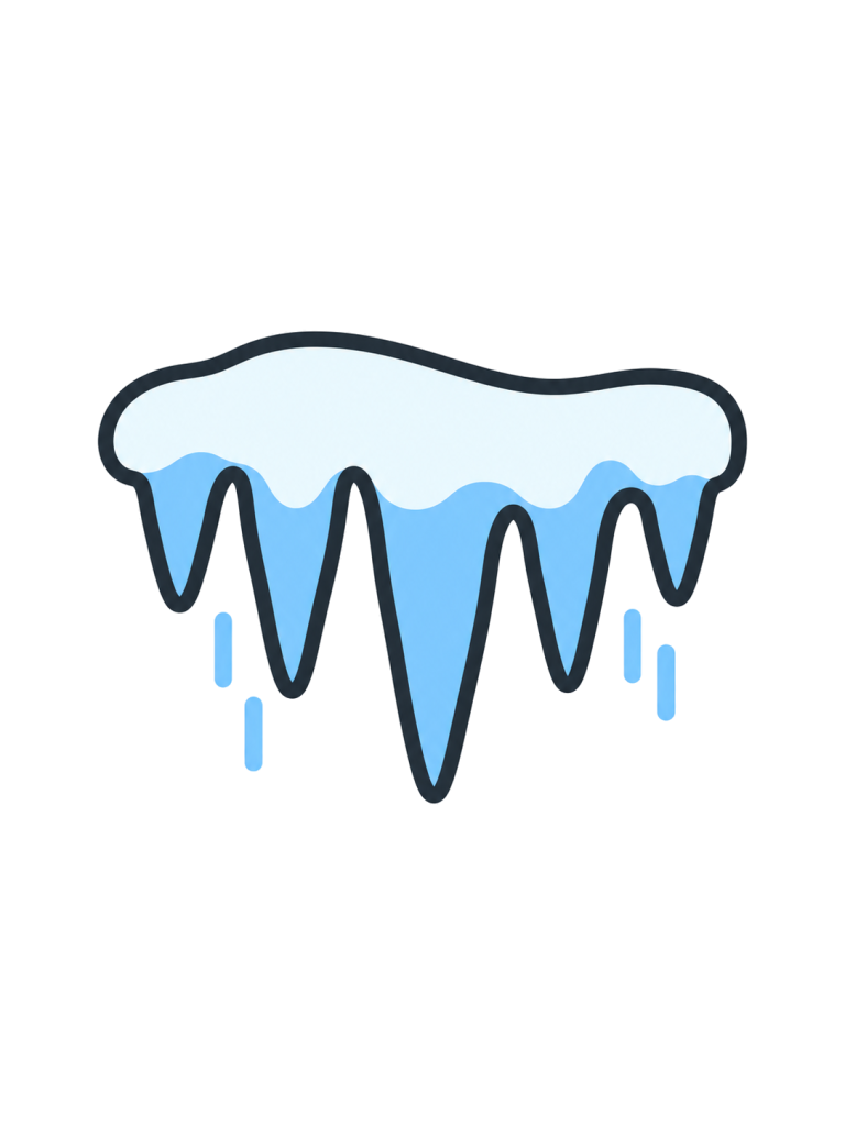 雪をかぶった氷の縁から青い氷柱が下がり、冷気を表す短い線がある。