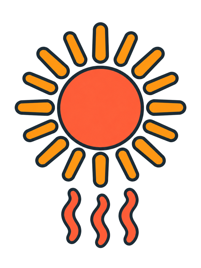 橙赤色の太陽に長く密な光線と三本の赤い熱の波線がある。