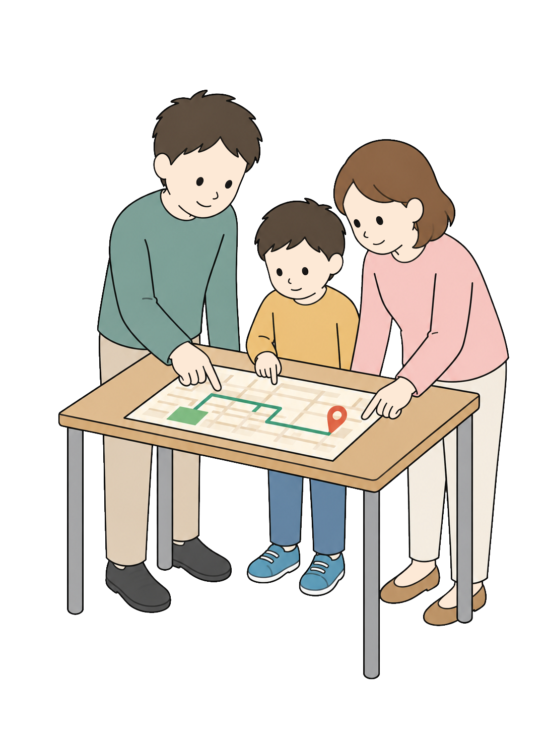 YURUNDO illustration: Family Checking an Evacuation Route and Shelter Location