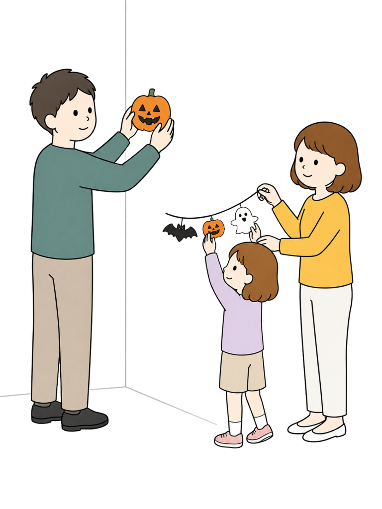 Family decorating a room for halloween