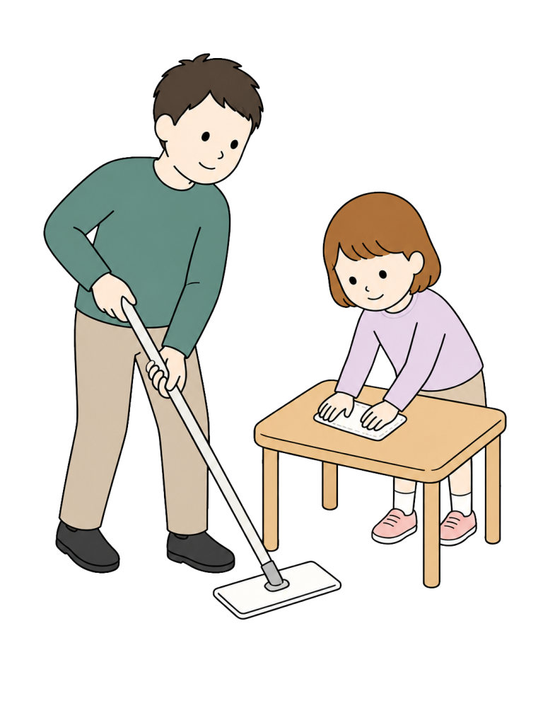 Father and child cleaning together