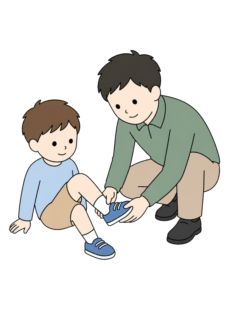 Father helping child put on shoes