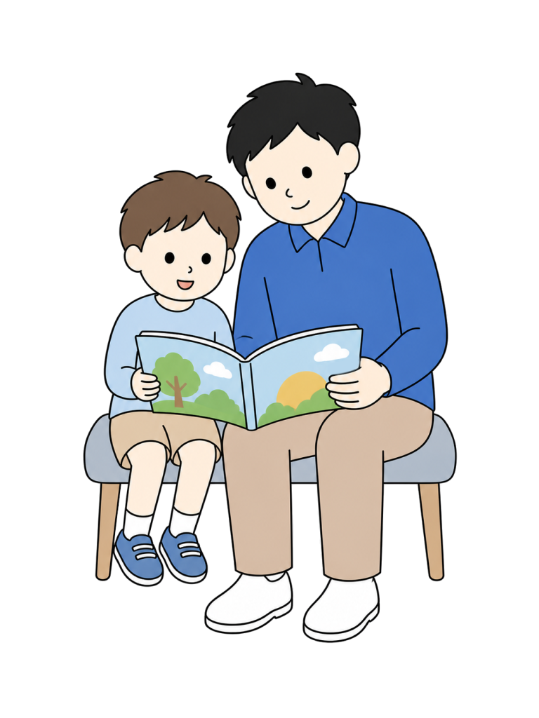 Father reading picture book to child