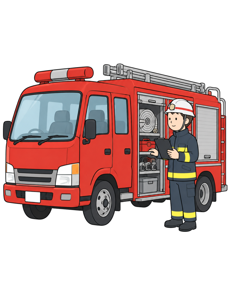 YURUNDO illustration: firefighter inspecting a fire engine