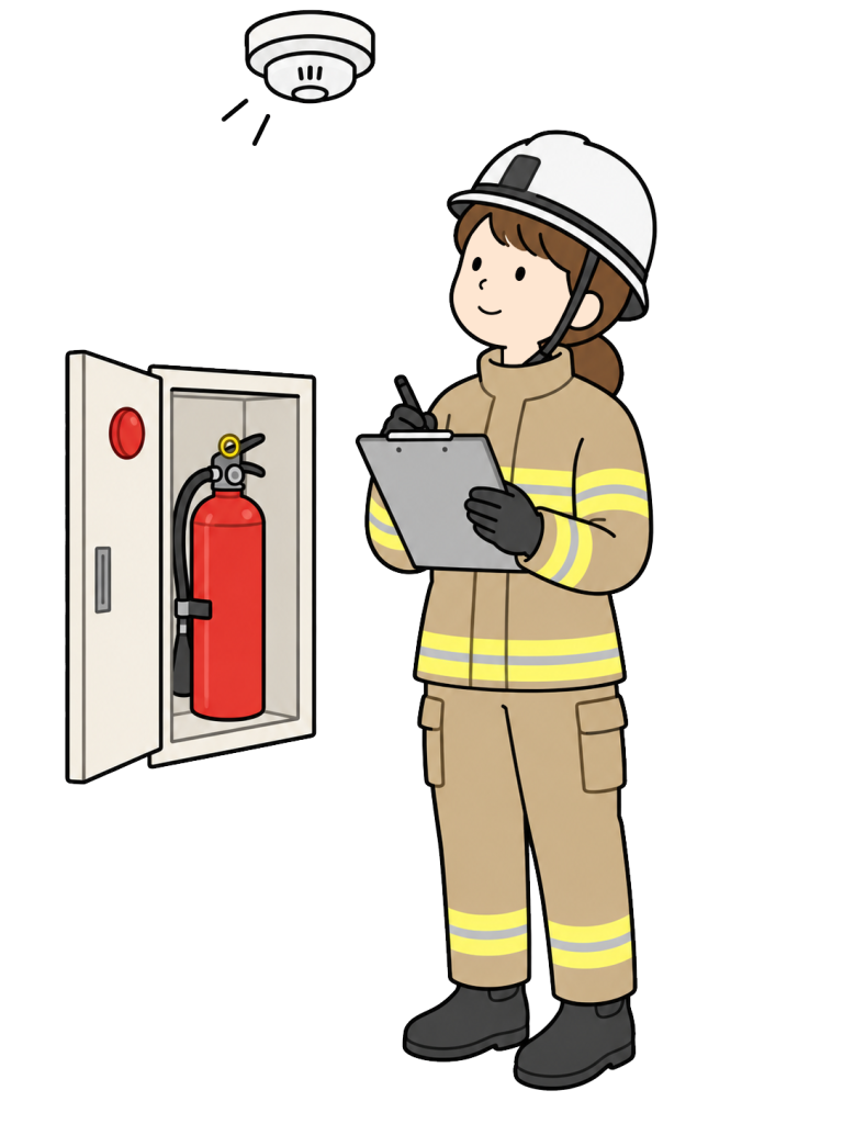 Firefighter inspecting fire safety equipment
