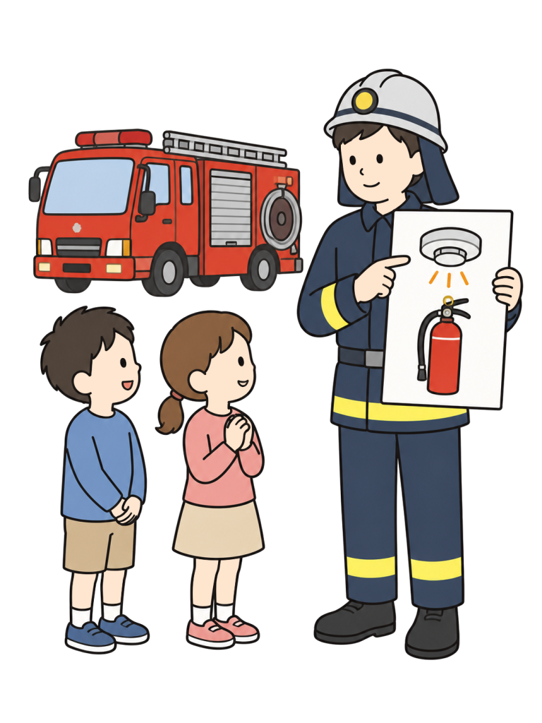 Firefighter teaching children about fire safety
