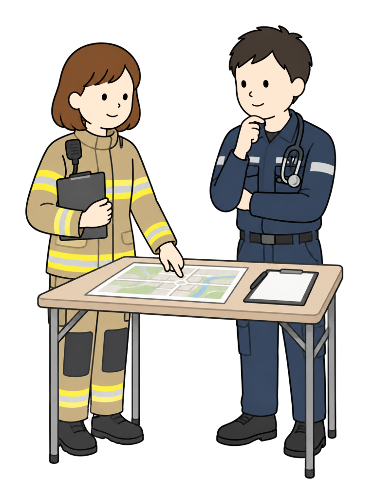 Firefighters and paramedics having a handover meeting