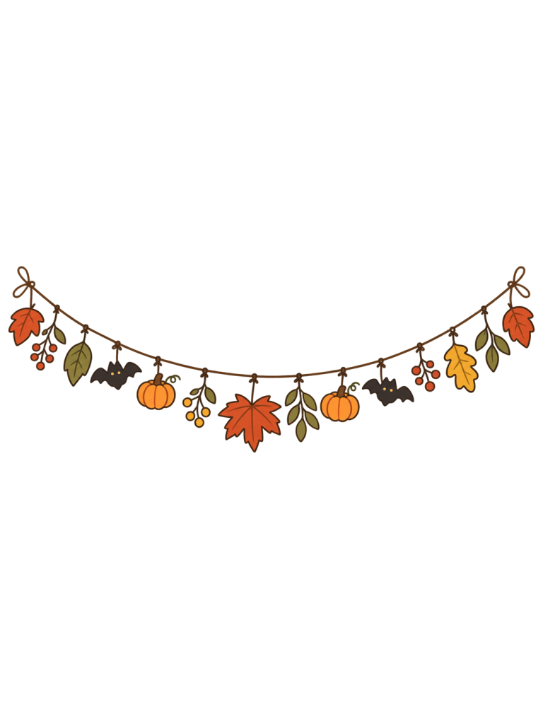 YURUNDO illustration of halloween botanical hanging garland on a white background